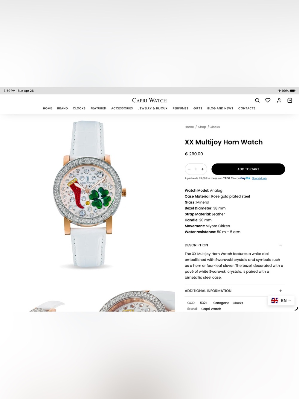 XX Multijoy Horn White Leather Crystal Dial